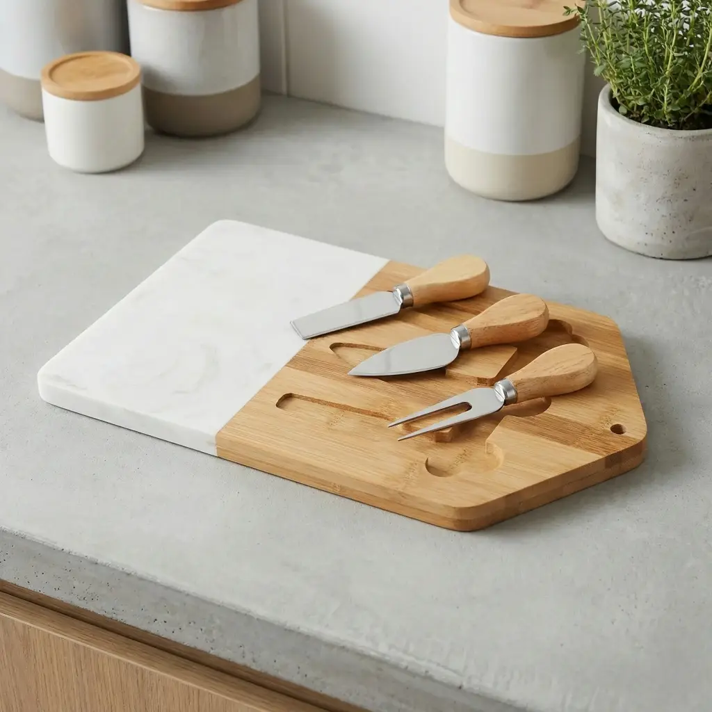 TABLA DE QUESO GEOMÉTRICA CON 3 UTENSILIOS DE CORTE