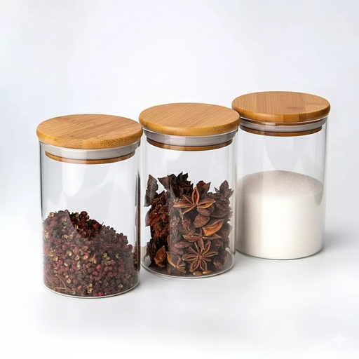 [3116] Contenedor x 5 plastico con tapa en bambu