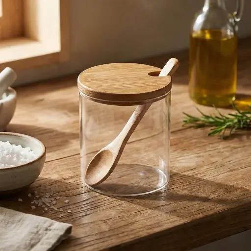 [003117] Contenedor plástico con tapa en bambú y cuchara